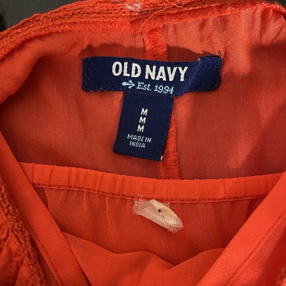 Old Navy Coral Orange Midi Dress w/ Slip M Pintuck Pleat Embroidery Boho Peasant - Picture 12 of 16